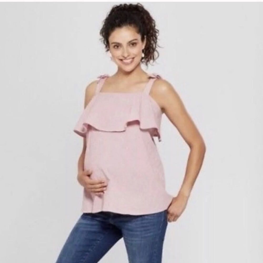 Red and White seersucker maternity tank top